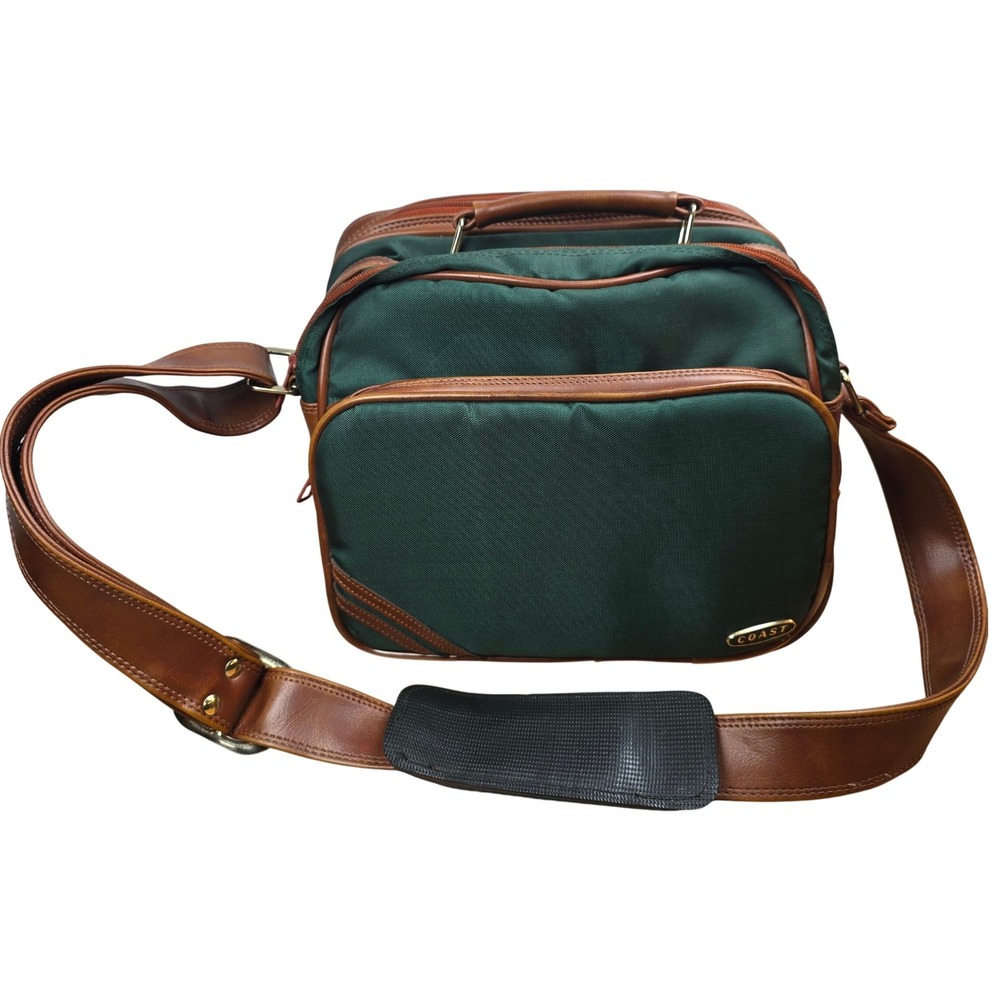 Coast Multi-Compartment Camera Bag Hunter Green Canvas Brown Leather Trim VTG